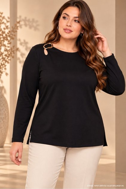 Women's Black Plus Size Shoulder Window Gold Buckle Side Slit Long Sleeve Stretchy Viscose Fabric Blouse