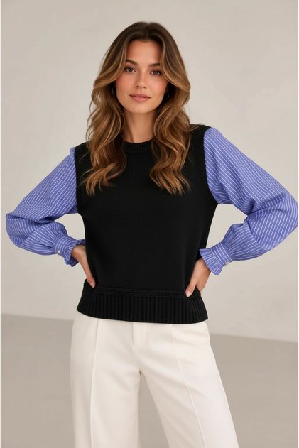 Women's Long Sleeve Crew Neck Knitwear Sweater with Shirt Inside Sporty Stylish Shirt Sweater