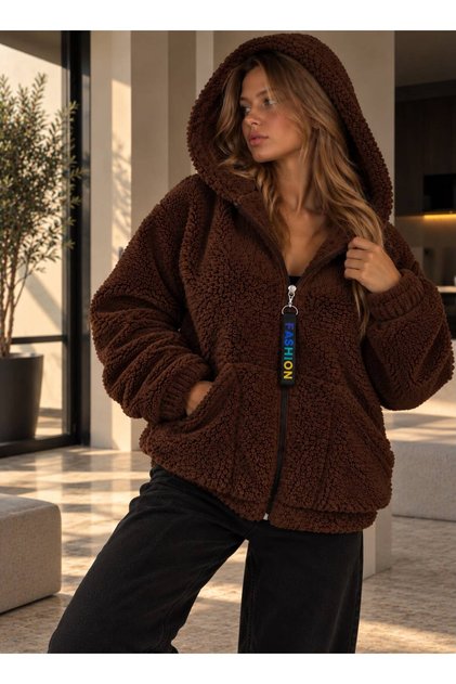 Kadın Kapşonlu Peluş Fermuarlı Sweat – Oversize Yumuşak Polar Hoodie – Kışlık Sıcak Tutucu