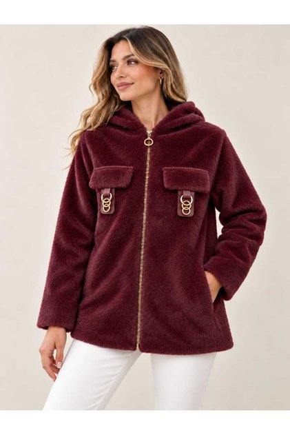 Soft Textured Hooded Jacket with Accessory Detail and Pockets