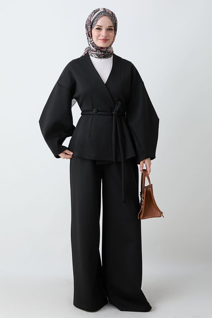 Balon Sleeve Jacket Pants Black Set