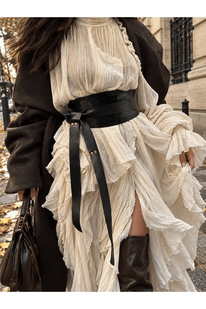 Women's Goat Natural Fur Textured Obi Tie Leather Belt - Wide Casual Girdle Belt - Standard Size