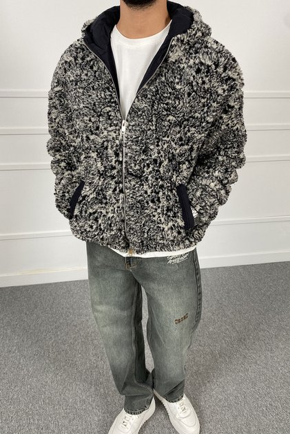 Double Zipper Hooded Plush Coat Black White | Stk2133-Mont