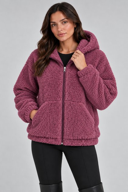 Women's Plum Color, Oversized Hooded Plush Coat – Zippered, Pocketed, Soft Textured Teddy Fur Look Winter Coat