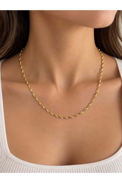 Çelik Kolye 14K Altın Renginde Rodyum Kaplama İnce Burgu Zincir Model 50 cm