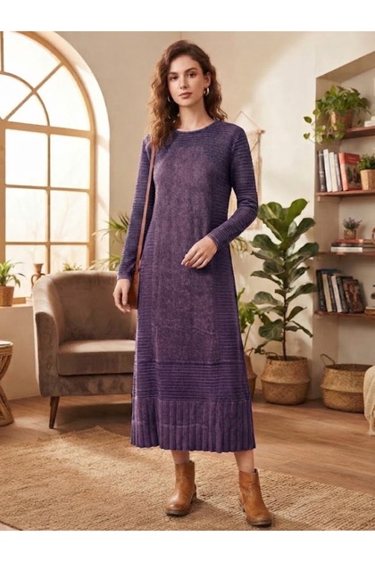 Women's Round Neck Casual 100% Cotton Knitwear Dress with Vintage Detail