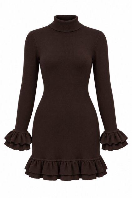 Brown Turtleneck Ruffled Knit Dress - 70037
