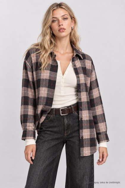 Plaid Patterned Woven Shirt Lyy0153 Anthracite Beige