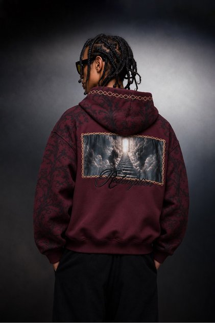 Erkek Bordo Redemption Patch Oversize Hoodie