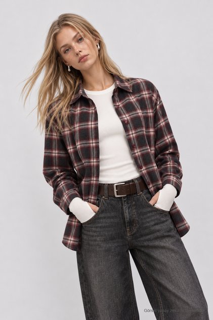Plaid Patterned Woven Shirt Lyy0153 Anthracite Bordo