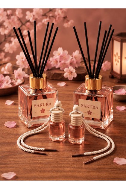 4'lü Set | 2 Adet Sakura Bambu Çubuklu Oda Kokusu 100 ml Kare Cam Şişe ve 2 Adet 8 ml Oto Kokusu
