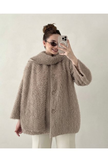 Plush Jacket with Scarf and Button Detail
