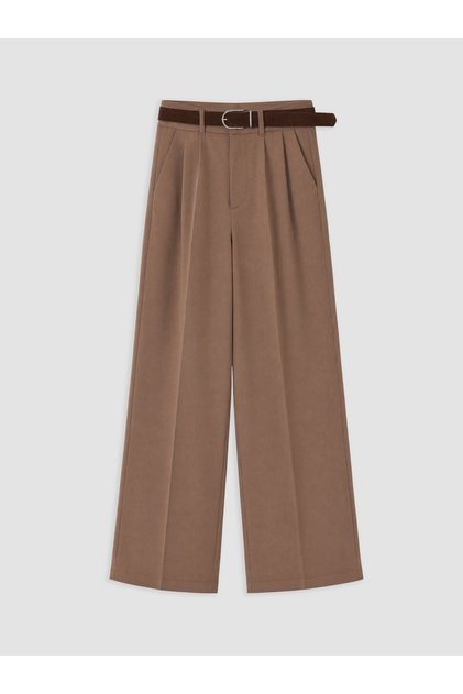 Nevavm with Difference Xside Beige Belted Women's Pleated Fabric Trousers