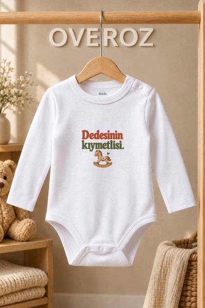 Dede Written Baby Bodysuit Rocking Horse Printed White Long Sleeve Snap Fastener Body 6067