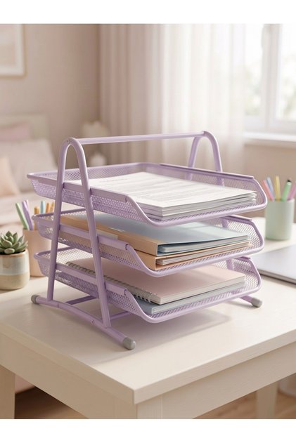 3-Tier Metal Mesh Document Rack A4 Document Tray Pastel Pastel Lilac
