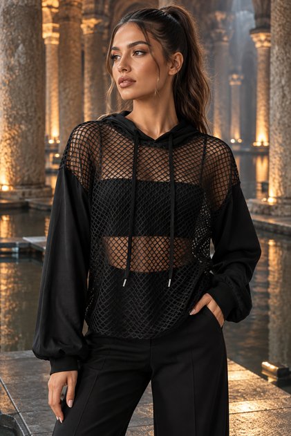 Women S Long Sleeve Hooded Mesh Detailed Sheer Blouse - Modern and Statement-Making Streetwear