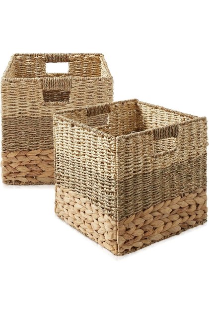 2 Pack Wicker Storage Baskets, 30x30x30 cm - 3 Pattern Design Natural Water Hyacinth Cube Storage Bins, Foldable Handwoven Basket Organisers with Handles for Shelves, Bedroom, Pantry