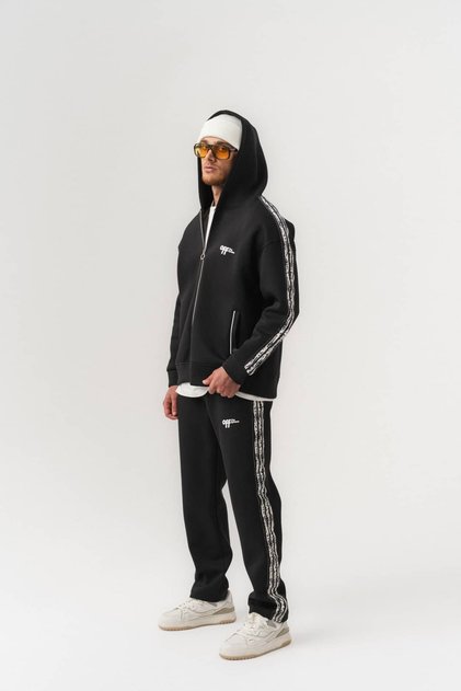 Softline Panda Fabric Hooded Zippered Men's Set with Stripe Detail