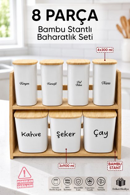 8 Parça Bambu Stantlı Etiketli Saklama Kabı Seti – Vakum Kapaklı Çay Şeker Kahve Kavanozu Baharatlık 4x300 - 3x900 ml Beyaz