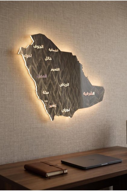 خريطة المملكة العربية السعودية، ديكور حائط من زجاج البليكسي، خريطة المملكة العربية السعودية مضاءة بمصابيح LED مقاس 60x50 سم