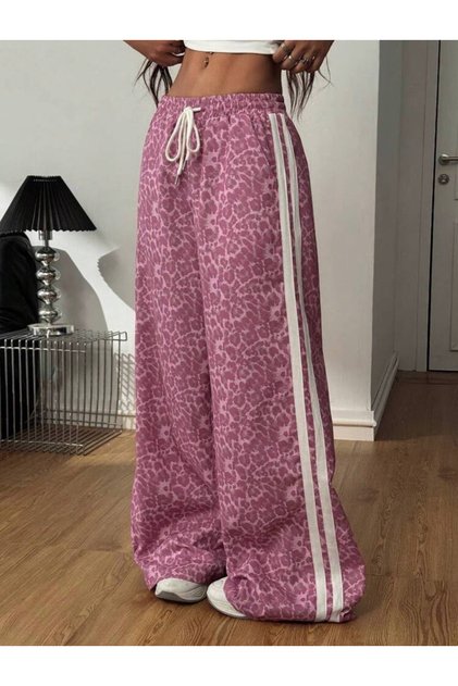 Prep Şeritli Oversize Eşofman Altı Pembe Leopar
