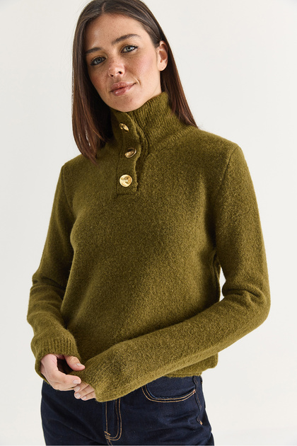 Women's Oil Green Shaded Turtleneck Sweater with Gold Button Detail 5178 60286707
