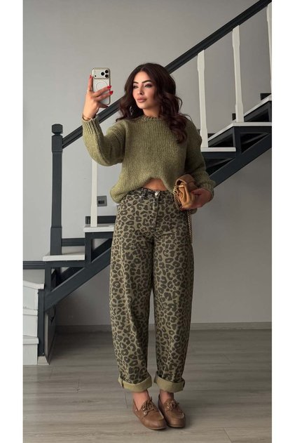 Khaki Leopard Pattern Barrel Jean