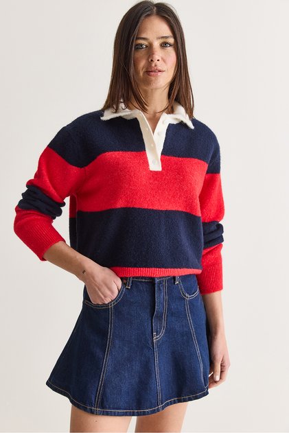 Women's Red-Navy Polo Collar Sweater with Button Detail, Thick Striped Pattern, and Soft Texture 2950 60286717