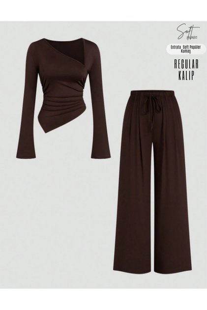 Asymmetric Collar Extra Soft Fabric Usa Trends Women's Top and Bottom Set