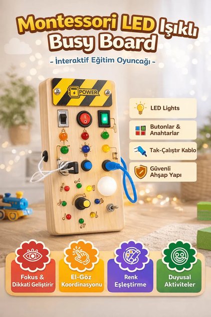 Montessori Ahşap Busy Board – Power Model | Aktivite ve Beceri Tahtası