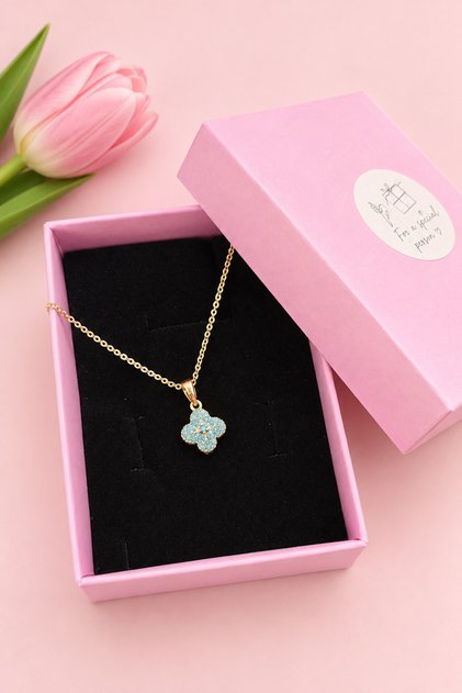Yonca Figürlü Mavi Zirkon Taşlı 14k Altın Kaplama Gold Çelik Zincir Kolye Kararmaz Suya Dayanıklı Vip Kolye (45 Cm Zincir)