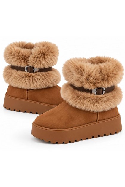 Thick Sole Boots with Fur Inside and Out and Buckle Detail