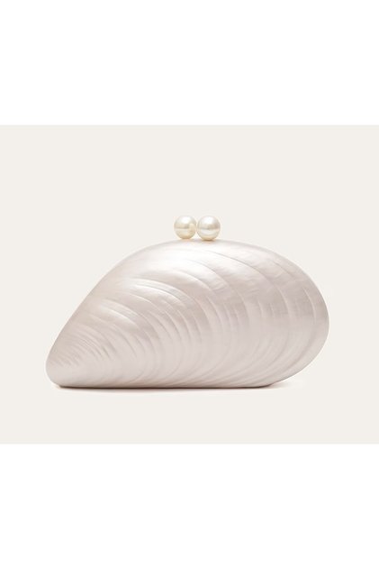 Women's Pearlescent Oyster Design Evening Dress Bag with Pearls and Clip-On Hard Cover Wedding and Bridal Clutch Bag