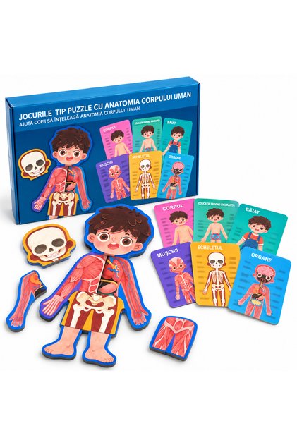 Puzzle Anatomia Corpului Uman pentru Copii, Model Băiat – Corp, Mușchi, Organe, Schelet – 6 Cartonașe în Română – 6+ Ani