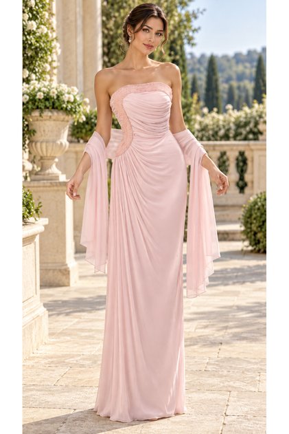 Soft Pink Evening Dress with Beaded Embroidery and Matching Shawl 🌸