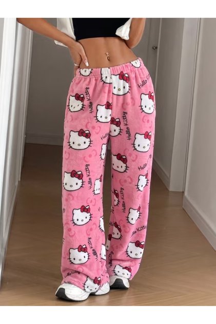 Hello Kitty Patterned Soft Plush Pajama Bottoms Pink
