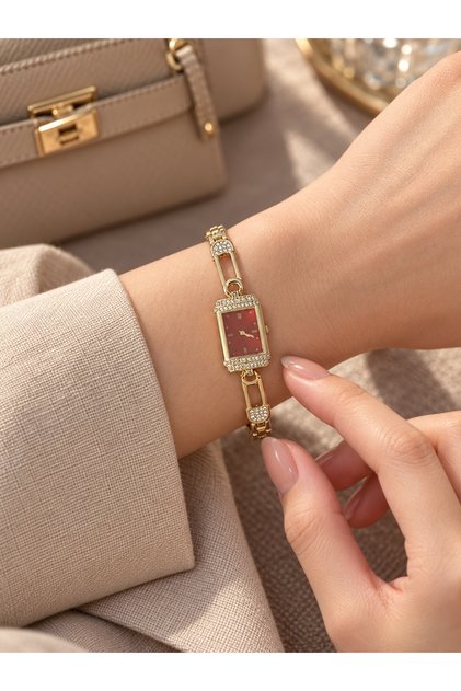 Women's Wristwatch Gold Stone Rectangular Case Burgundy Dial Steel Bracelet Strap Vintage Elegant Watch