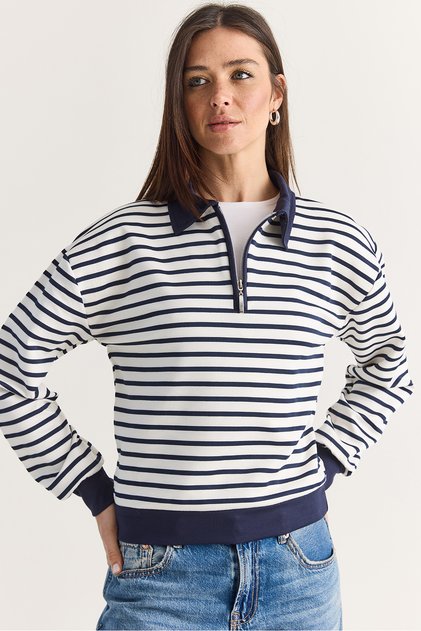 Women's Ecru-Navy Blue Striped Polo Collar Half-Zip Oversize Sweatshirt 36075 60286740