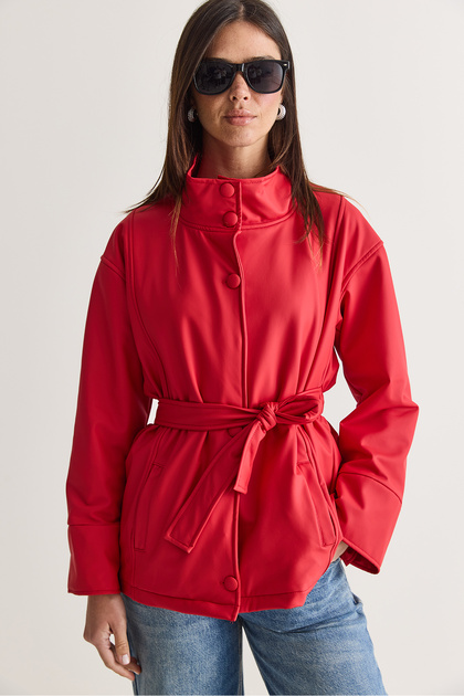 Women's Red Stand Collar Belted Pocket Detailed Buttoned Lined Faux Matte Leather Jacket 5010-1 60286745