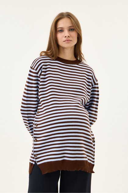 Maternity Striped Sweater, Detailed with Openable Buttons on the Sides (Baby Blue)