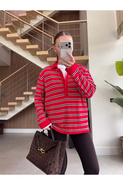 Polo Collar Striped Viscose Knitwear