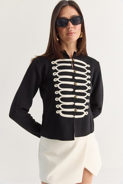 Women's Black Napoleon Model Piping Detailed Metal Buttoned Stand Collar Knitwear Cardigan 9116 60286736