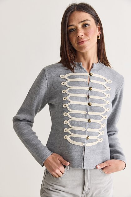 Women's Gray Napoleon Model Piping Detailed Metal Buttoned Stand Collar Knitwear Cardigan 9116 60286736