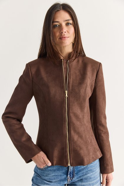 Women's Bitter Brown Stand Collar Lined Zippered Waist-Fitted Suede Jacket 8033 60286743