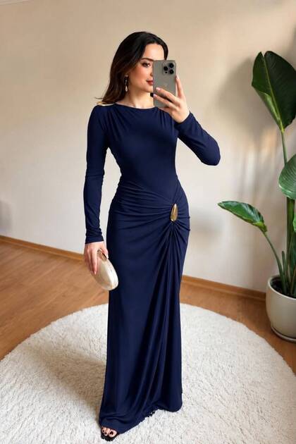 Women's Navy Blue Crew Neck Sandy Fabric Waist Buckle and Draped Detailed Long Evening Dress Graduation Dress