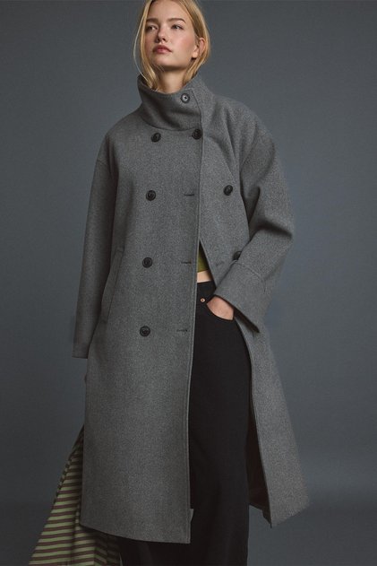 Women's Long Cashmere Coat – Belted, High Collar, and Buttoned
