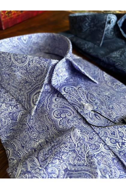 Slimfit Blue Shawl Patterned Cotton Satin Long Collar Shirt