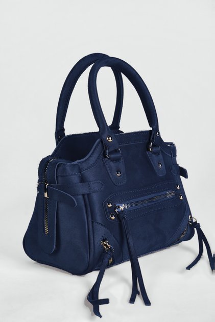 Women's Nisa Navy Blue Suede Tassel Zipper and Buckle Detailed Lined Cross Strap Hand and Shoulder Bag