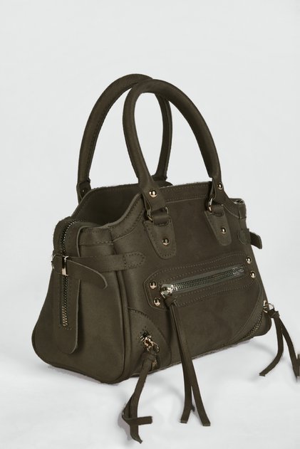 Women's Nisa Khaki Suede Tassel Zipper and Buckle Detailed Lined Cross Strap Hand and Shoulder Bag