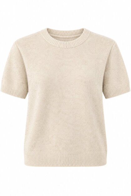 Cream Soft Textured Short Sleeve Sweater - 0086